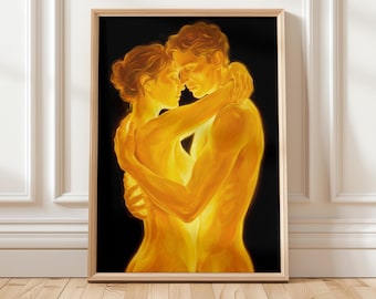 Golden Embrace Romantic Couple Wall Art | Fine Art Print | Lovers Portrait | Sentimental Home Decor