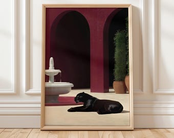 Sleek Panther Art Print - Elegant Black & Burgundy Red Wall Decor, Stylish Minimalist Wildlife Painting for Home and Office