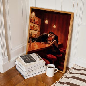 Cinematic retro bar print with intimate couple and warm lighting