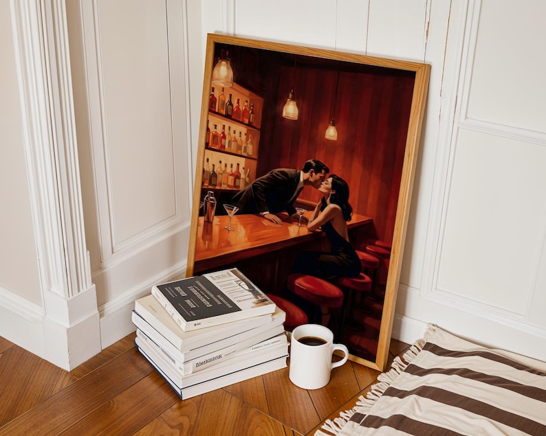 Cinematic retro bar print with intimate couple and warm lighting