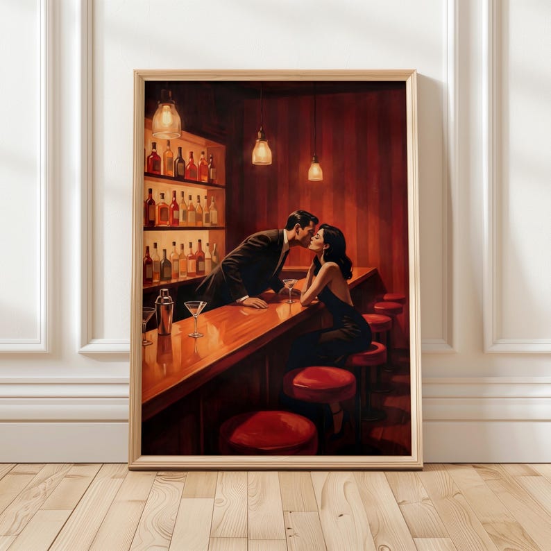 Retro bar wall art featuring a couple kissing in a vintage cocktail lounge