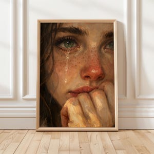Tearful Freckled Girl Print | Emotional Fine Art Poster | Sad Woman Portrait Wall Art | Painterly Realism Decor | Moody Aesthetic Art
