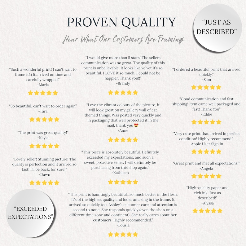 May include: Image featuring customer reviews with phrases like "Proven Quality" and "Exceeded Expectations." The reviews are accompanied by star ratings and customer names, emphasizing product satisfaction and quality.