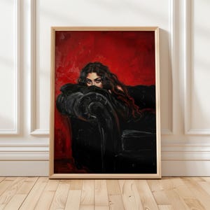 Röd poster med mystisk kvinna | Retro glamour väggkonst | Mörk feminin dekor | Elegant vintagetryck | Djärvt självförtroendekonstverk