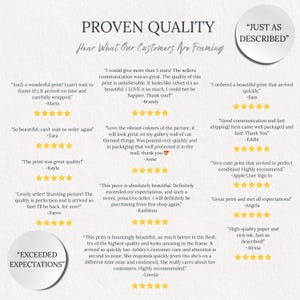 May include: A cream-colored print with the words "PROVEN QUALITY" and customer testimonials. The print features customer reviews with star ratings, and phrases like "JUST AS DESCRIBED" and "EXCEEDED EXPECTATIONS".