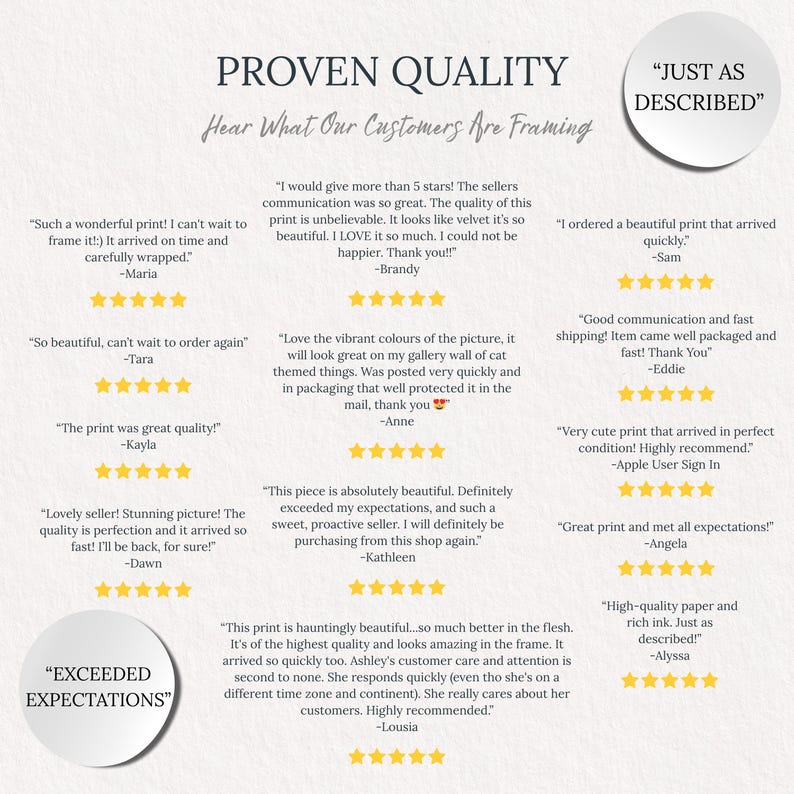 May include: A cream-colored print with the words "PROVEN QUALITY" and customer testimonials. The print features customer reviews with star ratings, and phrases like "JUST AS DESCRIBED" and "EXCEEDED EXPECTATIONS".