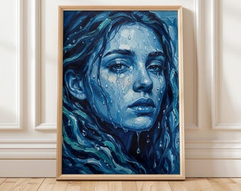 Blue Woman Portrait Fine Art Print | Dreamy Feminine Wall Art Poster | Romantic Vintage Style Woman Artwork | Painterly Wall Decor