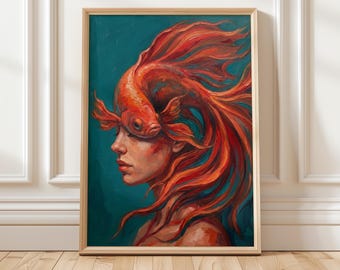Koi Fish Woman Art Print | Symbolic Fine Art Poster | Elegant Wall Decor