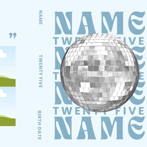 Könnte beinhalten: Eine silberne Discokugel vor blauem Hintergrund mit dem Wort "NAME" in einer Retro-Schrift wiederholt.