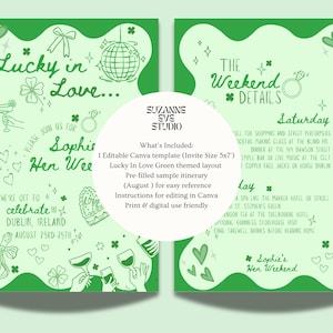 Może przedstawiać: Zielony szablon zaproszenia z tekstem "Lucky in Love" i "Sophie's Hen Wee". Projekt zawiera ilustracje butelek szampana, kieliszk&oacute;w i koniczyny. Szczeg&oacute;ły weekendu są r&oacute;wnież wymienione.