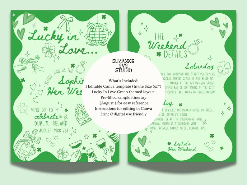 Może przedstawiać: Zielony szablon zaproszenia z tekstem "Lucky in Love" i "Sophie's Hen Wee". Projekt zawiera ilustracje butelek szampana, kieliszk&oacute;w i koniczyny. Szczeg&oacute;ły weekendu są r&oacute;wnież wymienione.