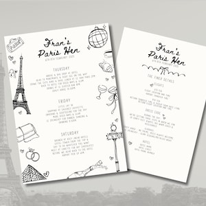 Könnte beinhalten: Schwarzweiß illustrierter Reiseplan für eine Reise nach Paris, Frankreich. Der Reiseplan enthält eine Liste von Aktivitäten für Donnerstag, Freitag und Samstag. Der Reiseplan enthält auch Details zu Flügen, Kleiderordnung und dem Hotel.