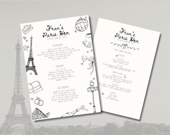 Paris Bachelorette Hen Party Itinerary Customisable | Canva Digital Download | 5"x7" Design