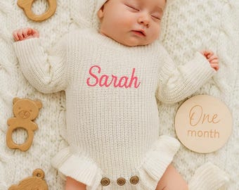 Personalized Baby Romper Outfit, Hand Embroidered Bodysuit, Newborn Gift Set, Christmas gifts
