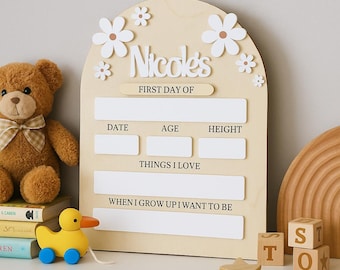 Op de afbeelding: Een houten 'Eerste dag van'-bord met de naam 'Nicole's' en madeliefjesversieringen. Het bord heeft vakken voor datum, leeftijd, lengte, interesses en toekomstige doelen. Een teddybeer, een speelgoedeend en houten blokken zijn ook zichtbaar.