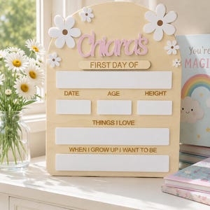 以下が含まれることがあります： ピンク色の「Chiara's」という名前が入った、白いデイジーの花で飾られた明るい木製のサイン。 「日付」、「年齢」、「身長」のセクションと、「好きなもの」と「大きくなったらなりたいもの」のスペースがあります。