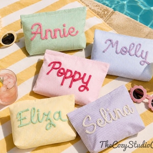 Custom Seersucker Makeup Bag, Preppy Striped Cosmetic Pouch, Personalized Travel Toiletry Bag, Sorority Beach Gift, Back to school Gift