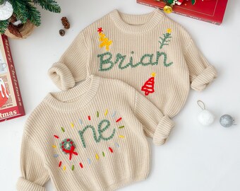 Hand-Embroidered Baby Christmas Sweater, Toddler Holiday Sweater, Reindeer Kids Name Jumper, Baby Knit Sweater, First Christmas Gifs