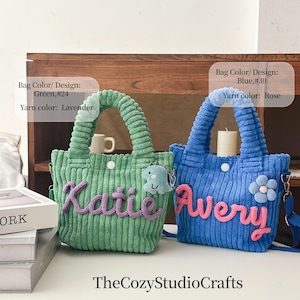 May include: Two corduroy tote bags, one green with lavender yarn and the name "Katie", the other blue with rose yarn and the name "Avery". Each bag has a handle, a button, and a small charm. TheCozyStudioCrafts.
