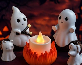 Decoración de Halloween, reunión de fogatas fantasmales, lindo juego de figuras de fantasmas, decoración espeluznante de Halloween, luz nocturna de Halloween, escena fantasma embrujada, regalos para niños
