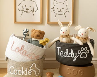 Cesta de juguetes personalizada para perros, cesta con nombre personalizado para guardar juguetes de mascotas, cesta de cuerda de algodón para regalo, cesta de juguetes para mascotas, regalo con nombre de mascota, almacenamiento de juguetes personalizado