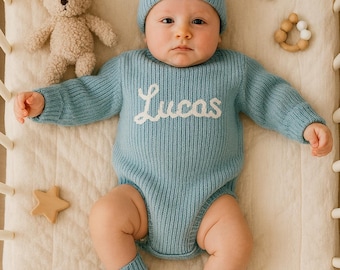 Personalized Handmade Knit Baby Romper with Embroidered Name: Newborn Baby Coming Home Outfit Christmas Gift Baby