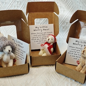 May include: Three small teddy bears in cardboard boxes, each with a printed card. The bears wear hats and scarves. The cards read "My Little Worry Bear" with a comforting message. A thoughtful gift.
