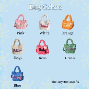May include: A collection of small, corduroy tote bags in various colors: pink, white, orange, beige, rose, green, and blue. Each bag features a different name embroidered on the front. The text "Bag Colors" is at the top.