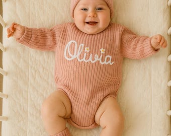 Personalized Newborn Knit Romper, Embroidered Name, Coming Home Outfit Kids Gifts Hand Embroidered Baby Romper