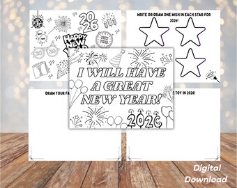 Página para colorear de Año Nuevo para imprimir, actividad de Nochevieja para niños, manualidad de Año Nuevo para preescolar, colorear 2026