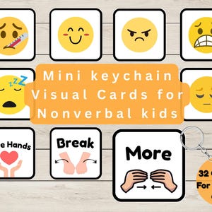 Może przedstawiać: Zestaw mini kart wizualnych na breloczek dla dzieci niewerbalnych. Karty przedstawiają różne wyrażenia i symbole emoji, w tym "Safe Hands", "Break" i "More". Zestaw zawiera 32 karty do zabrania ze sobą.