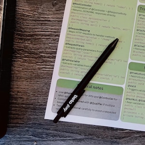 Może przedstawiać: Laptop, długopis i dokument leżą na drewnianej powierzchni. Dokument ma zielone i białe sekcje z tekstem. Czarny długopis z białym tekstem leży na dokumencie. Obecny jest również czarny, owalny przedmiot i laptop.