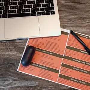 Pu&ograve; includere: Un primo piano di un foglio di carta stampato con istruzioni per l'utilizzo di Git, un sistema di controllo delle versioni. Il foglio &egrave; diviso in sezioni con titoli come "Aggiungi e commetti modifiche", "Repository remoti", "Correggi errori", "Stashing & Cherry-Picking" e "Strumenti Git avanzati". Sono visibili anche una penna nera e una custodia nera per auricolari wireless.