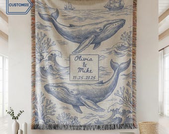 Personalized Whale Couple Woven Blanket, Custom Coastal Wedding Throw, Ocean Life Anniversary Gift, Newlywed Family Home Decor Beach Lover
