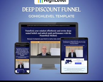 Może przedstawiać: Grafika marketingu cyfrowego z logo HighLevel i tekstem "DEEP DISCOUNT FUNNEL". Obraz przedstawia komputer stacjonarny, tablet i smartfon wyświetlające interfejs strony internetowej z tekstem "Zmień swój sposób myślenia bez wysiłku".