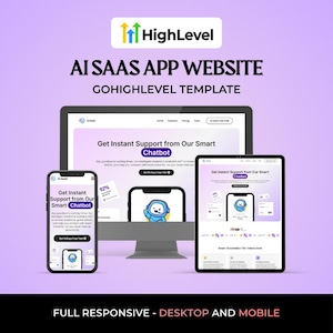 Może przedstawiać: Szablon strony internetowej marketingu cyfrowego, prezentujący responsywny design na urządzeniach stacjonarnych, tabletach i urządzeniach mobilnych. Fioletowa strona internetowa zawiera tekst "AI SAAS APP WEBSITE" i "Get Instant Support from Our Smart Chatbot."