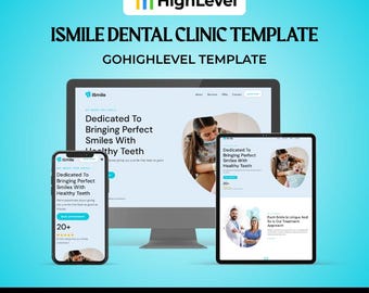 Könnte beinhalten: Ein digitales Marketing-Template für die iSmile Dental Clinic, das ein Website-Design auf einem Desktop-Computer, Tablet und Smartphone zeigt. Das Design zeigt den Text "Dedicated To Bringing Perfect Smiles With Healthy Teeth."