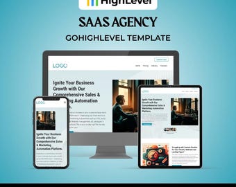 Może przedstawiać: Grafika marketingu cyfrowego z tekstem "HighLevel SAAS AGENCY" i "GOHIGHLEVEL TEMPLATE". Obraz przedstawia komputer stacjonarny, tablet i smartfon, każdy z interfejsem strony internetowej z tekstem "Ignite Your Business Growth with Our Comprehensive Sales & Marketing Automation Platform."