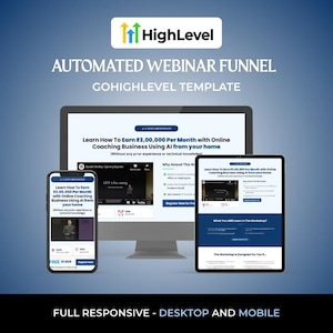 Puede incluir: Gráfico de marketing digital con el logotipo de HighLevel, que promociona un embudo de seminarios web automatizado. La imagen muestra una computadora, una tableta y un teléfono, cada uno mostrando un seminario web sobre cómo ganar dinero con el coaching en línea con IA.