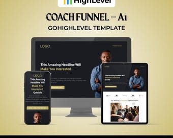 Könnte beinhalten: Eine digitale Marketingvorlage, die auf einem Desktop-Computer, Tablet und Smartphone angezeigt wird. Die Bildschirme zeigen eine Website mit dem Text "This Amazing Headline Will Make You Interested." Das HighLevel-Logo befindet sich oben.