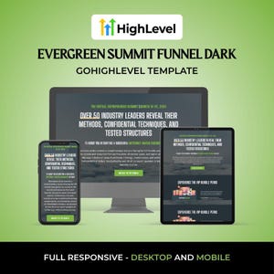 Puede incluir: Una plantilla de marketing digital que se muestra en una computadora de escritorio, una tableta y un teléfono inteligente. El texto dice "Evergreen Summit Funnel Dark" y "Over 50 Industry Leaders Reveal Their Methods, Confidential Techniques, and Tested Structures."