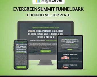 May include: A digital marketing template displayed on a desktop computer, tablet, and smartphone. The text reads "Evergreen Summit Funnel Dark" and "Over 50 Industry Leaders Reveal Their Methods, Confidential Techniques, and Tested Structures."