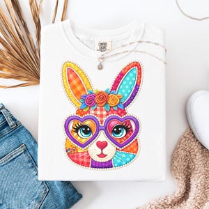 Bright Multi-Pattern Easter Bunny PNG: Checkered Patchwork with Purple Heart Glasses