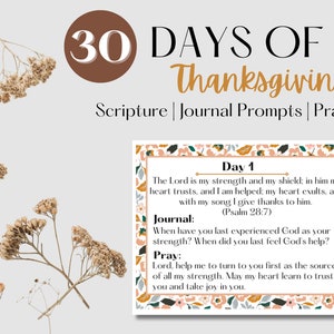 May include: A journal page with the text "30 Days of Thanksgiving" and prompts for scripture, journal entries, and prayer. The page includes a floral border and the text "Day 1" with related scripture and prompts for reflection.