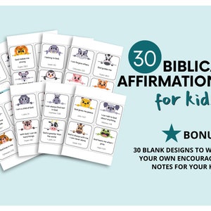 Cartoline di affermazione bibliche per bambini / Note per il pranzo basate sulla Bibbia per bambini / Set di 30 affermazioni bibliche per bambini / Note vuote fai da te per bambini