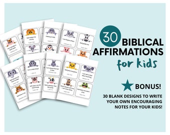 Kids Bible Affirmation Cards | Bible-based Lunchbox Notes for Kids | Set of 30 Biblical Affirmations for Kids | DIY Blank Notes for Kids