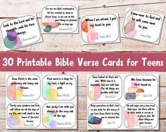 Set of 30 Printable Bible Verse Cards for Teens and Older Kids | Scripture Cards for Teenagers | Memory Verse Cards | Christian Homeschool