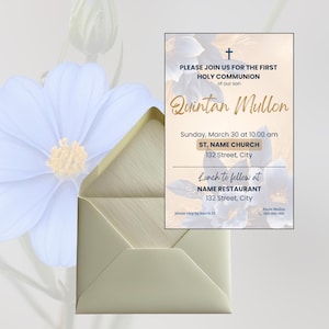 Convite para Primeira Comunhão de Menino | Floral Azul Dourado para Imprimir | Modelo digital editável | Convite para Cerimônia Religiosa | Baixar | Canva | A6