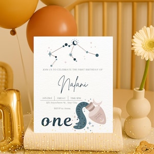 Invitation premier anniversaire Verseau | Modèle Canva modifiable 12,7 x 18,7 cm | Téléchargement numérique | Personnalisez le nom, la date et la police | Carte d'anniversaire avec signe du zodiaque