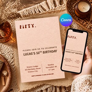 Op de afbeelding: Een rechthoekige uitnodigingskaart en een smartphone met een bijpassende digitale uitnodiging voor de 50e verjaardag van Lucas. Beide hebben een licht perzikkleurige achtergrond met donkerbruine tekst: FIFTY, PLEASE JOIN US TO CELEBRATE LUCAS'S 50TH BIRTHDAY.